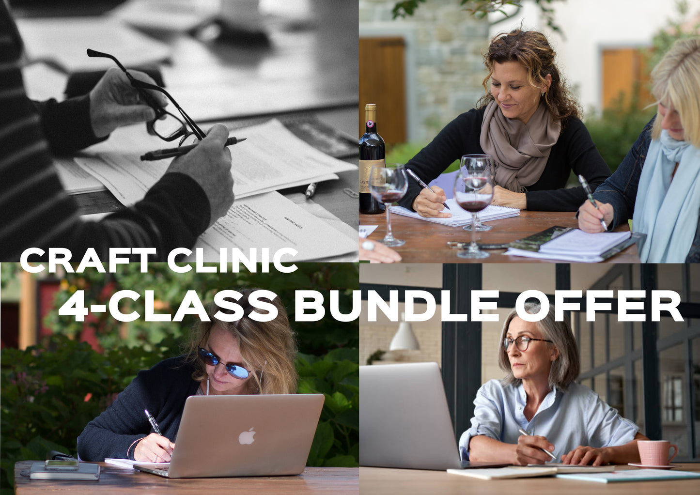 Collage of people working on laptops and documents with text overlay for Craft Clinic 4-Class Bundle Offer.