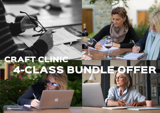 Collage of people working on laptops and documents with text overlay for Craft Clinic 4-Class Bundle Offer.