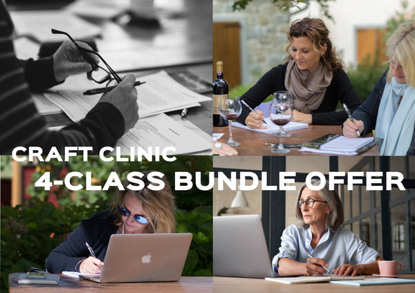 Collage of people working on laptops and documents with text overlay for Craft Clinic 4-Class Bundle Offer.
